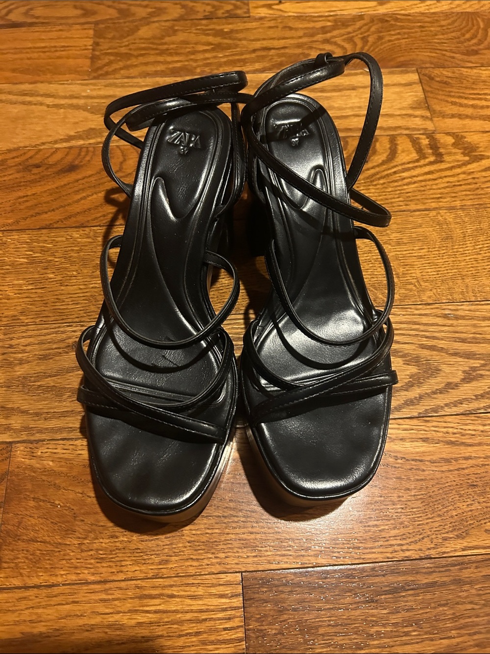 Zara Black Strappy Square-Toe High Heel Sandals